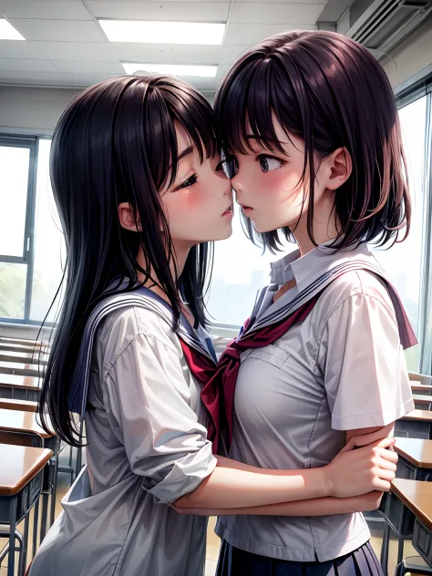 Lighting Like A Movie、top Quality、school Classrooms、two High School Girls Hugging And Kissing 1120