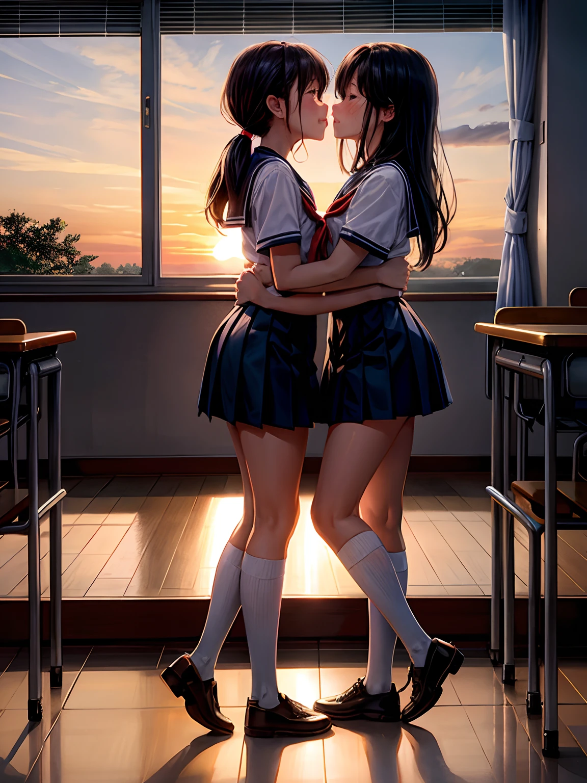 lighting like a movie、top-quality、school classrooms、Two high school girls hugging and kissing each other、Flushed face、the setting sun、At dusk、early evening、fullllbody、Full body、