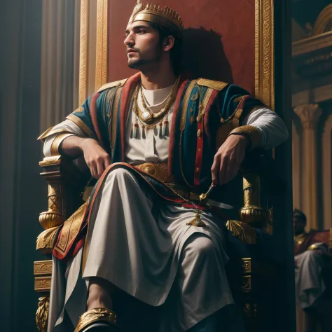 homem arafed sentado em um trono com uma espada e uma espada, sentou-se em seu trono, vestidos com roupas romanas, Imperador Rom...