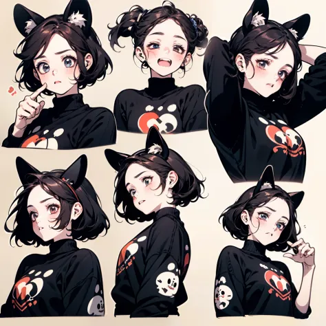 Cute girl avatar，Emoticon pack，（Cat's ears），(9 emojis，emoji sheet，Align arrangement)，9 poses and expressions（Grieving，wonderment，having fun，Excitement，great laughter，doubt，angry，Touch your head，Sell moe, wait），anthropomorphic style，Disney style，Black strok...