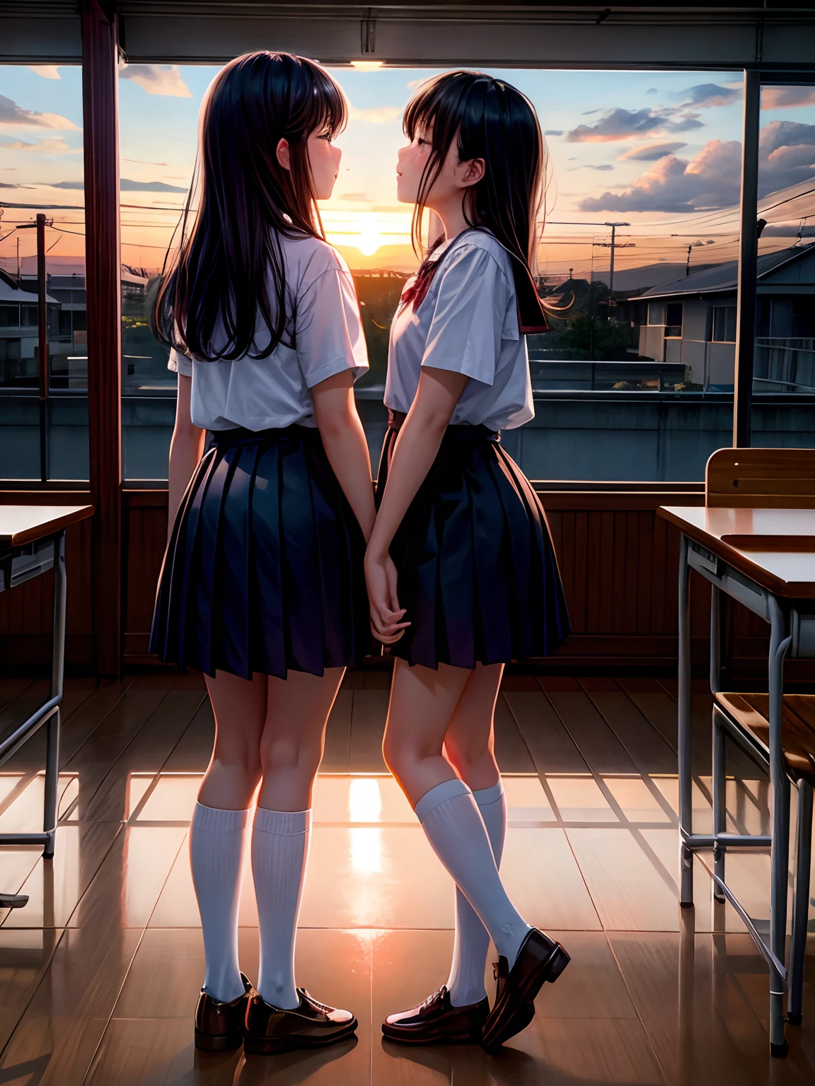 lighting like a movie、top-quality、school classrooms、Two high school girls hugging each other、Flushed face、the setting sun、At dusk、early evening、fullllbody、Full body、