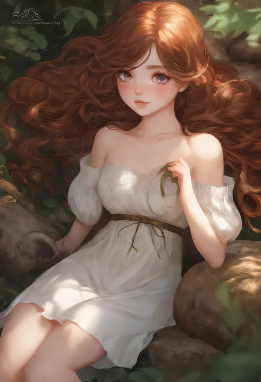 A painting of a woman with long red hair sitting on a rock - SeaArt AI