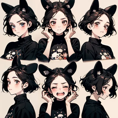 Cute guy girl avatar，Emoticon pack，（Cat's ears），(9 emojis，emoji sheet，Align arrangement)，9 poses and expressions（Grieving，wonderment，having fun，Excitement，great laughter，doubt，angry，Touch your head，Sell moe, wait），anthropomorphic style，Disney style，Black s...