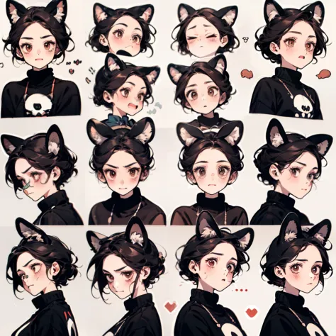 Cute girl avatar，Emoticon pack，（Cat's ears），(9 emojis，emoji sheet，Align arrangement)，9 poses and expressions（Grieving，wonderment，having fun，Excitement，great laughter，doubt，angry，Touch your head，Sell moe, wait），anthropomorphic style，Disney style, various em...