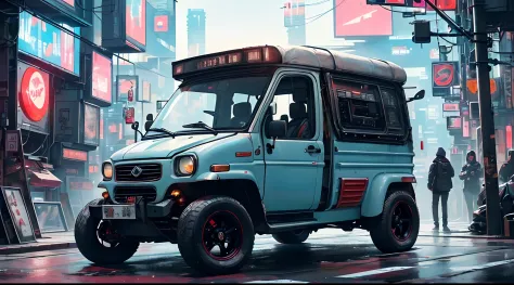 (at late night:1.3), , (detailed beautiful skin textures, detailed beautiful face, ultra detailed clothing textures), , (Cyberpunk:1.4), , (an ultra detailedfour-wheeled and long bonnet tuk-tuk with  letter-tyres), , (3/4 front view, The car is in the cent...