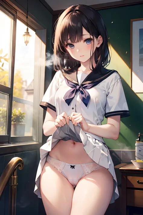 (masterpiece), mature school girl, sexy, posterior, floral lace undies, natural light, photorealistic, cameltoe, diffused light, depth of field, white skirt, steam, (lift skirt), (urination), lifelike