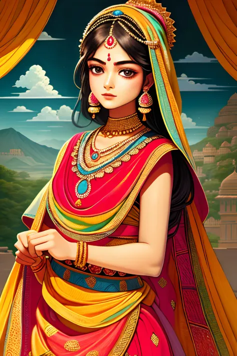 masterpiece, best quality, ultra-detailed, best illustration,_1 girl, Rajasthani painting