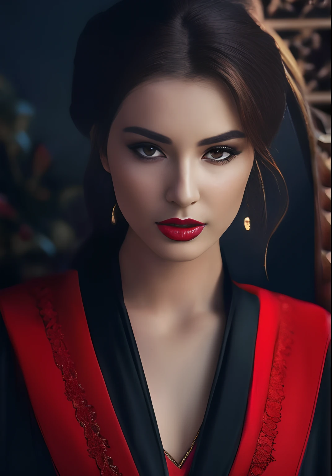 Mujer Arafed con una túnica roja y negra y un collar de oro., retrato, soft retrato 8 k, Representación de retratos 8K, una mujer guapa, retrato 8 k, hermosa foto de retrato, foto de una mujer hermosa, Retrato de la sociedad CGS, hermosa imagen de retrato, close up retrato, Retrato cinematográfico, close up retrato, retrato de alta calidad, impresionante retrato