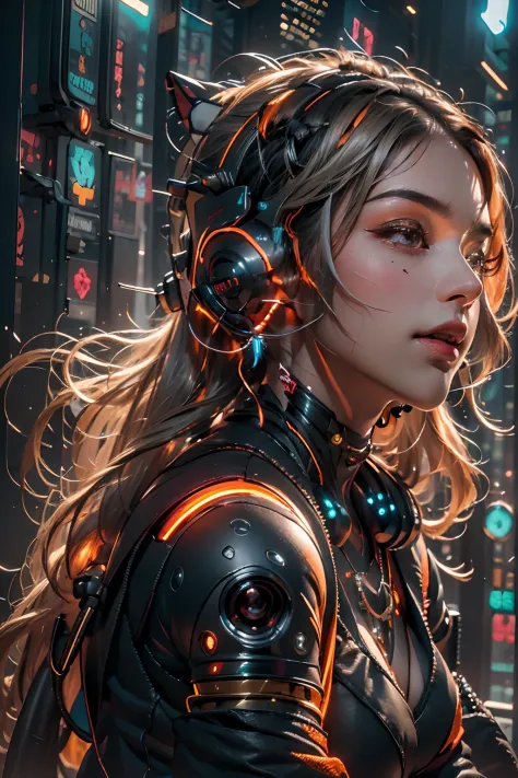 1girll，Perfect facial features，delicated face，(Cyberpunk Personality:1.3)，Bring headphones，Illuminated helmet and headphones，Spa...