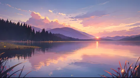 sunset, lake, meadows, sunset, pink sky, stars, clouds, 4k, stunning, sharp, intricate details, (high resolution: 1.5)
