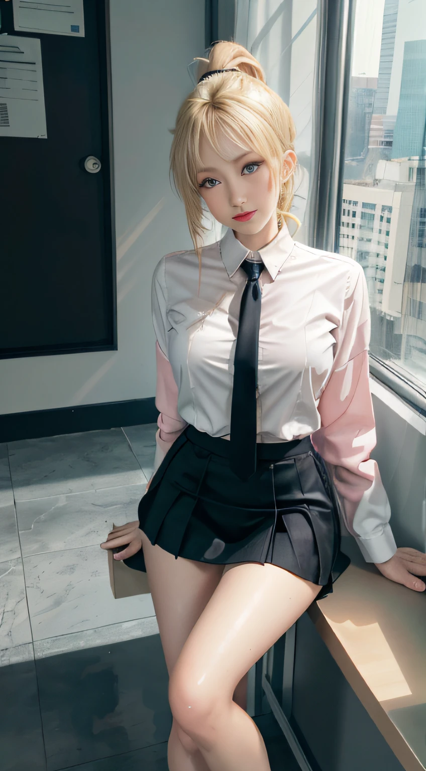 High quality, best quality, masterpiece, 8K, ultra-real, ridiculous, vibrator in panties, 1 girl, office, blonde, business suit, pen holder skirt, standing with legs extended: 1.1, blush, ponytail, wet panties, sitting, wet floor, (open clothes, expose entire breasts, flirt skirt: 1.1),