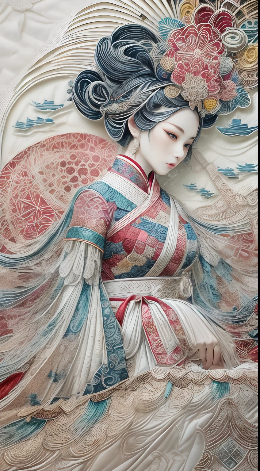 （Silhouette of a beautiful woman,Wearing Peking Opera costumes)，White background，(paper art, Quilted paper art:1.2, geomerty:1.1, zentangle,a 3D render), (Extremely colorful, Best quality, Detailed details, Masterpiece, offcial art, movie light effect, 4K)