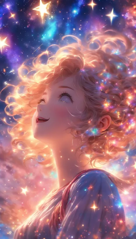 High detail, Super detail, Super high resolution, The girl enjoys her time in the fantasy galaxy, Surrounded by stars, Warm light shines on her, The background is the starry sky with colorful galaxies and galactic clouds, Stars flew around her, Delicate fa...