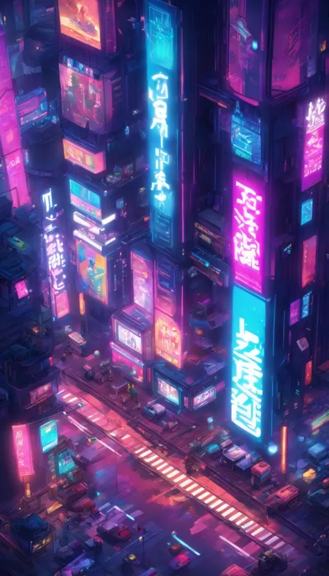 ((Top view: 1.3, Cyberpunk: 1.2, street: 1.1), 2D game style, Pixel art style, Transparency, Powerful colors, Advertising lights, Roads and cars are lively, Unique charm! )