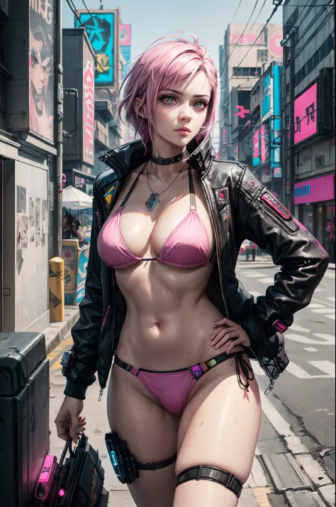 a woman in a pink bikini and black jacket sitting on the street, cyberpunk art style, cyberpunk 2 0 y. o model girl, hyper-realistic cyberpunk style, cyberpunk vibes, cyberpunk style ， hyperrealistic, cyberpunk beautiful girl, cyberpunk art ultrarealistic ...