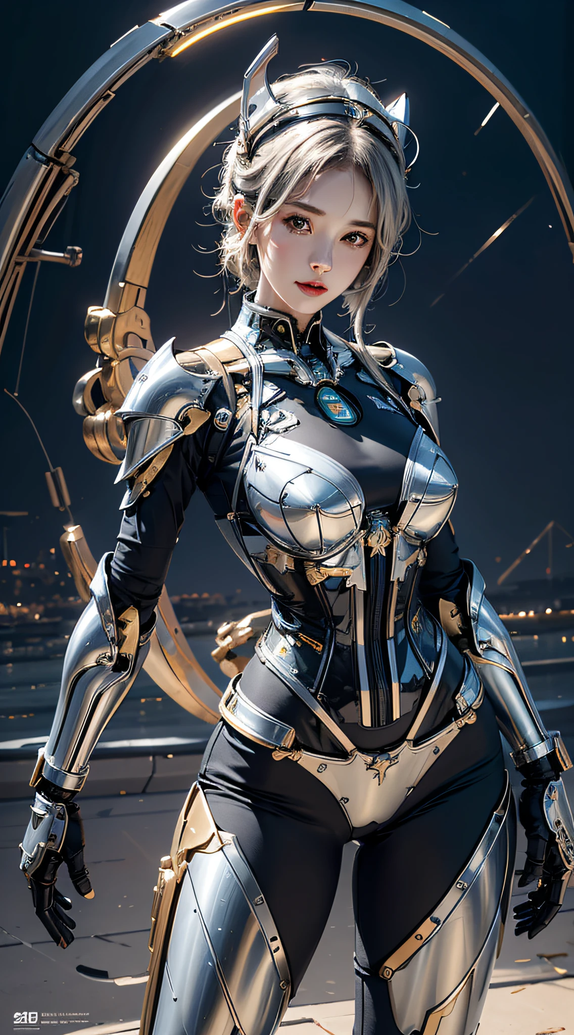 photorealistic, high resolution, 1women, mature female, solo, hips up, robot, mecha musume,mechanical parts, robot joints,single mechanical arm, headgear, mechanical halo,star halo,intricate mechanical bodysuit, mecha corset, full armor, white mecha body