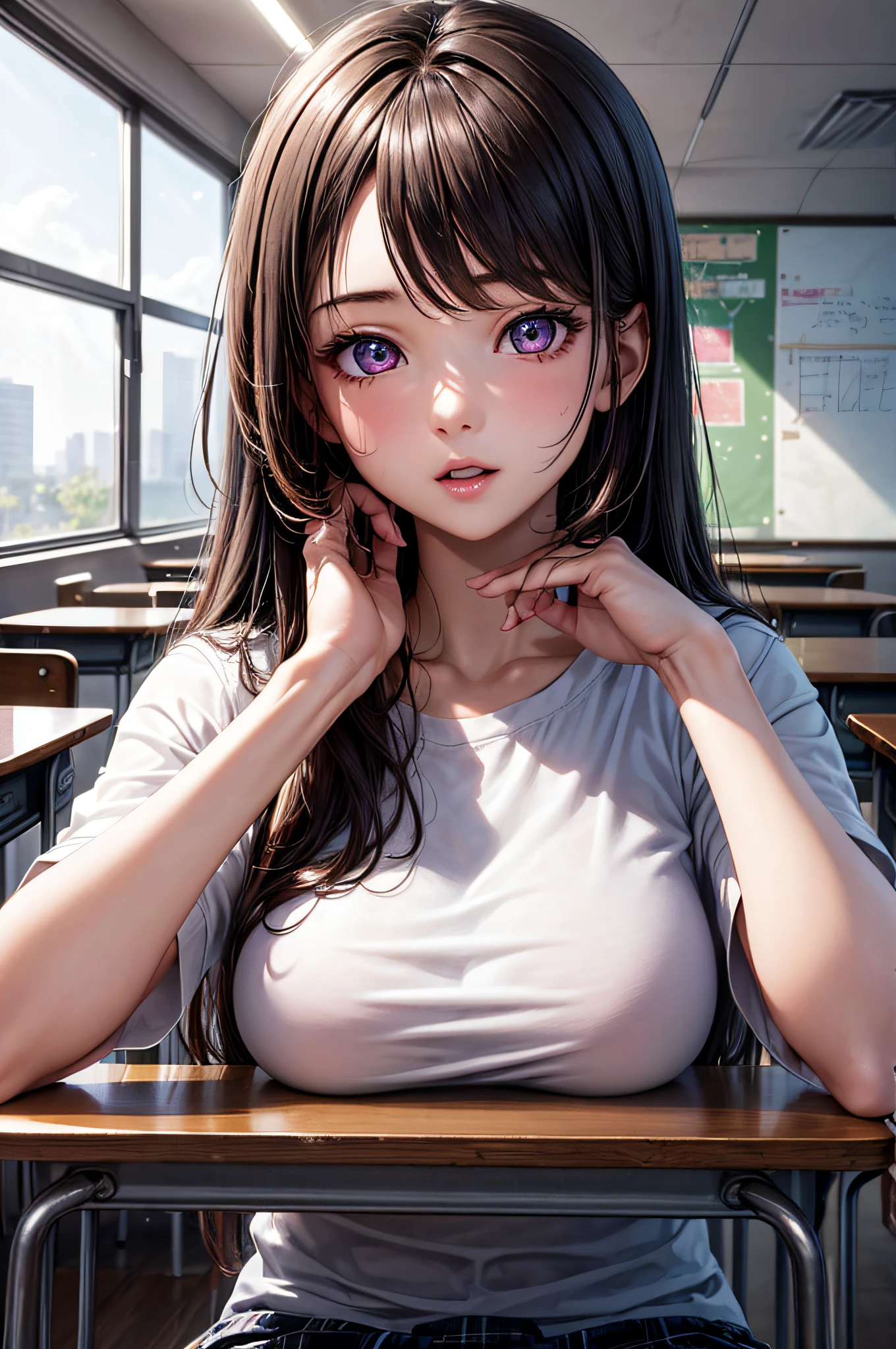 ((1girl in)), ((Best Quality)), (Ultra-detailed), (extremely detailed CG unified 8k wallpaper), Highly detailed, High-definition raw color photos, Professional Photography, Brown hair, Amazing face and eyes, Pink eyes, (amazingly beautiful girl), School, classroom,