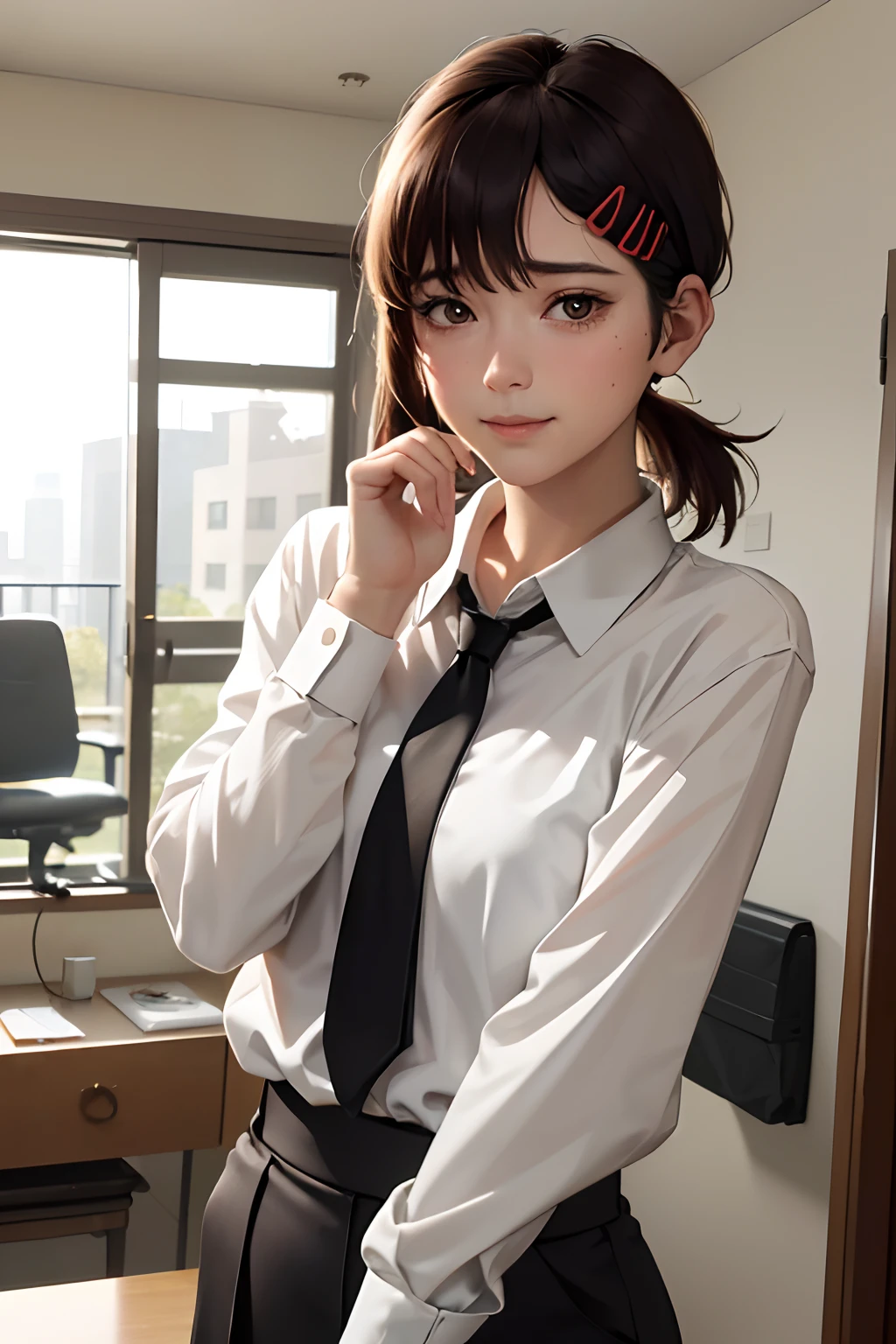 masterpiece, best quality, ultra-detailed, illustration, epic lighting, cinematic composition, isometric, 1girl, solo, cute, brown eyes, black hair, swept bangs, single sidelock, red hairclip, white collared shirt, black necktie, black pants, formal, enchanting gaze, captivating pose, indoors, office, door, opening door, looking at viewer, peeking out upper body, blush, seductive smile, closed mouth,(8k:1.1),