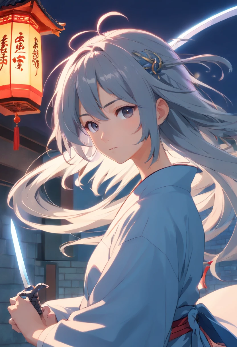 china style，sword holding，Young gray hair，long, flowing hair，white colors