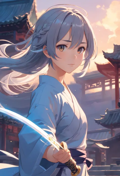 china style，sword holding，Young gray hair，long, flowing hair，white colors