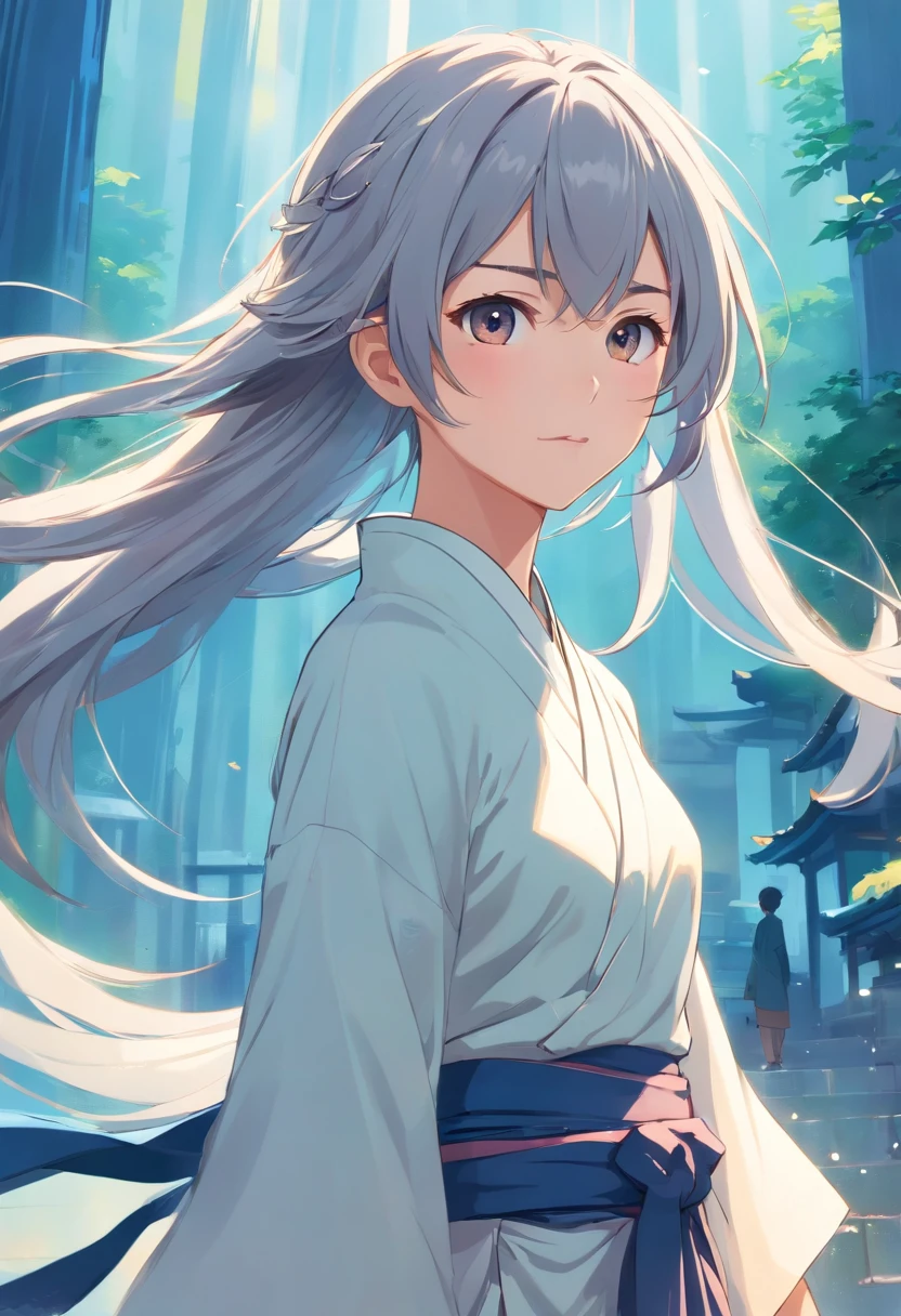 china style，sword holding，Young gray hair，long, flowing hair，white colors