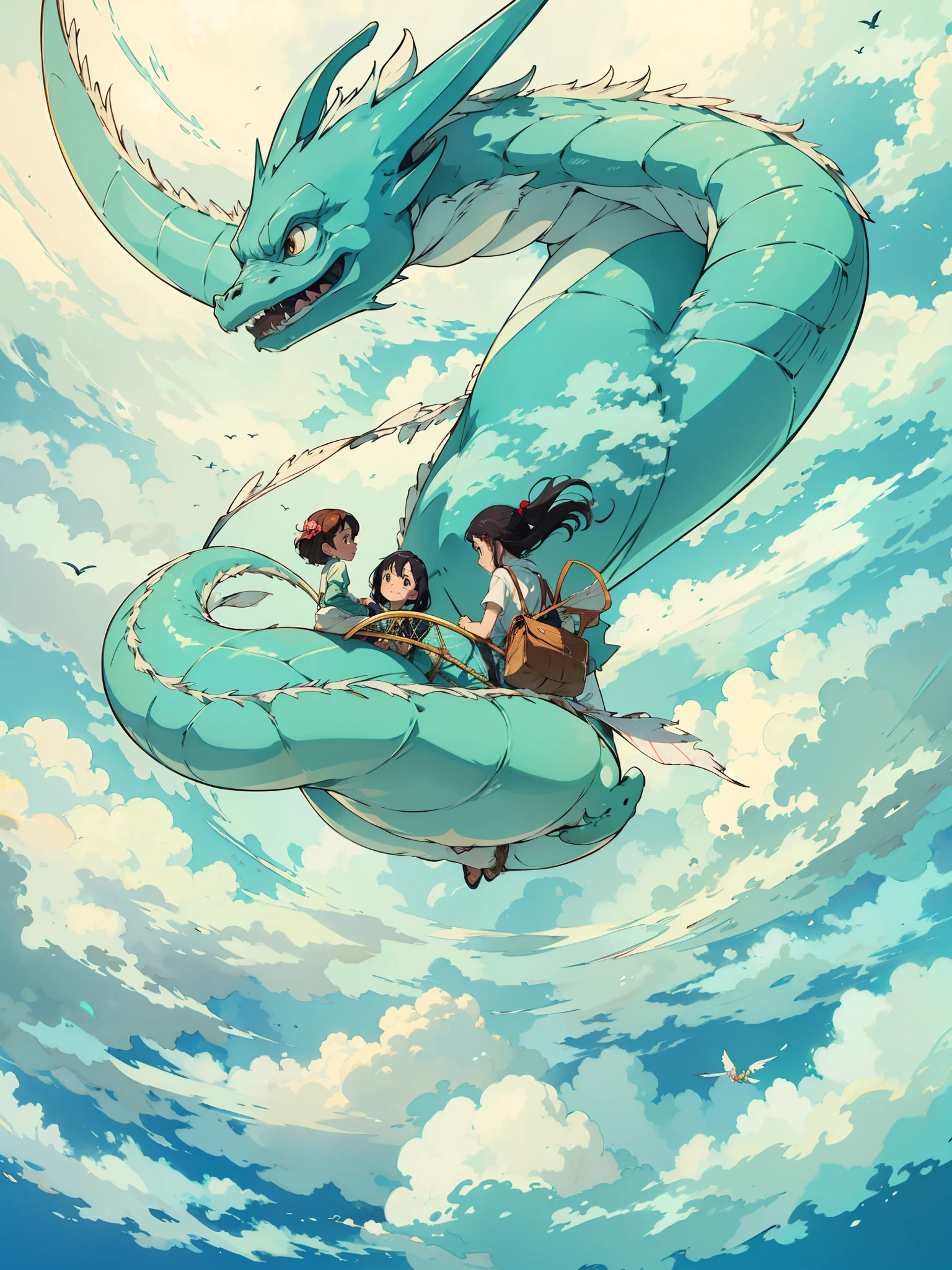 A cartoon picture of two people riding on a dragon - SeaArt AI