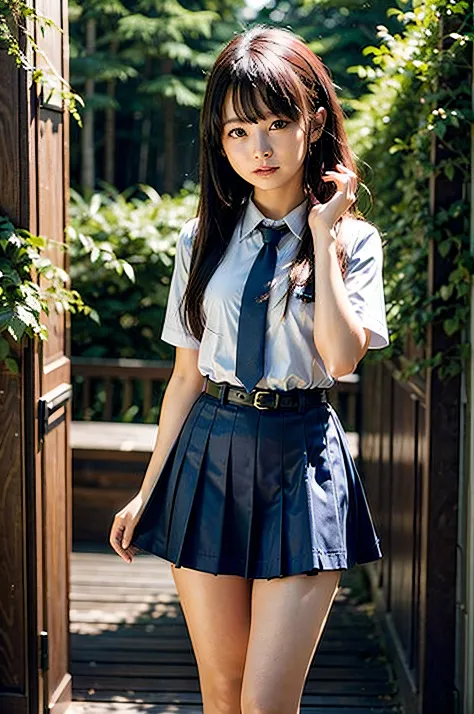 ​masterpiece、high-level image quality、high-detail、full body Esbian、Summer uniform、blue tie、a blue skirt、One Beautiful Girl, hi-s...