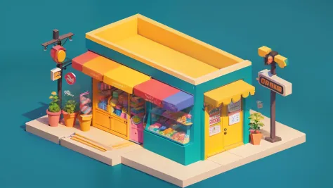 "Isometric cartoon store，vibrant with colors，The characters are lively and lively"