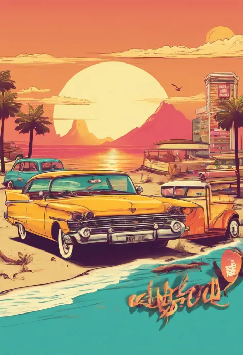 Sunset beach in the background，Vintage cars parked，Broadway poster  style，There is an advertisement for pineapple beer in the picture - SeaArt  AI