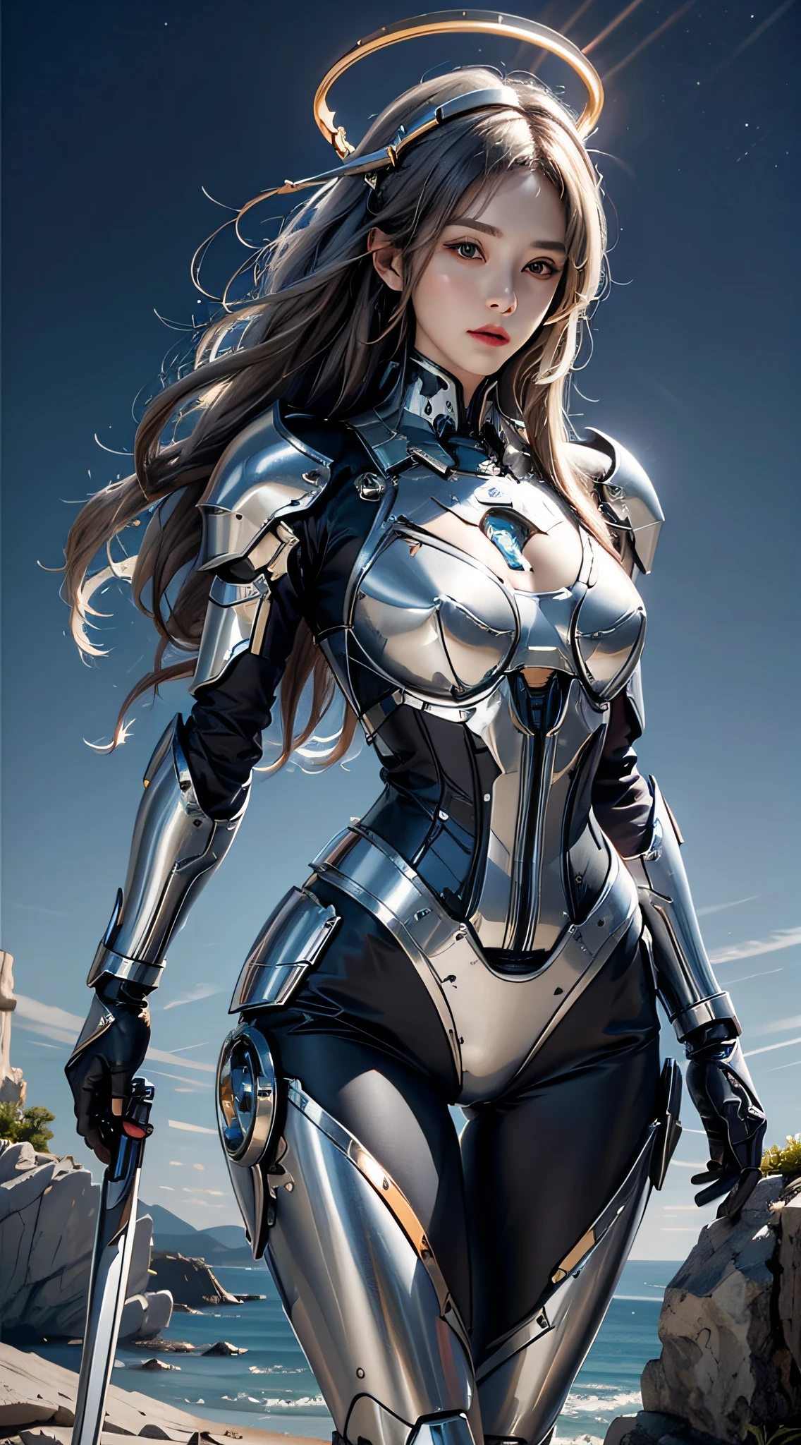 photorealistic, high resolution, 1women, mature female, solo, hips up, robot, mecha musume,mechanical parts, robot joints,single mechanical arm, headgear, mechanical halo,star halo,intricate mechanical bodysuit, mecha corset, full armor, white mecha body