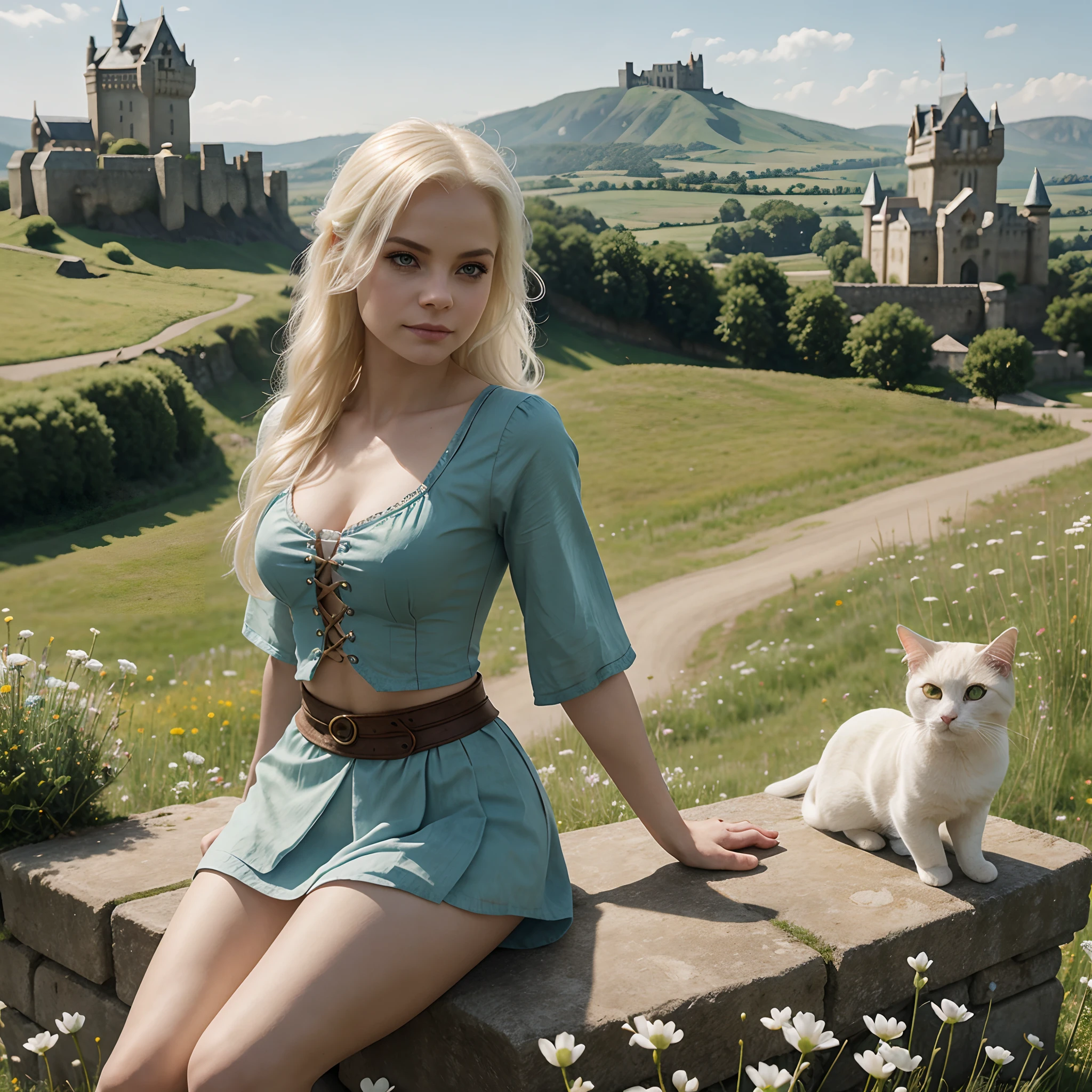 elsa jean,  short woman, blond long hair, ciri cosplay, ciri makeup, sitting on a wall and right behind her is a castle, cat is on the wall, with a meadow in the background, blur backgrounds