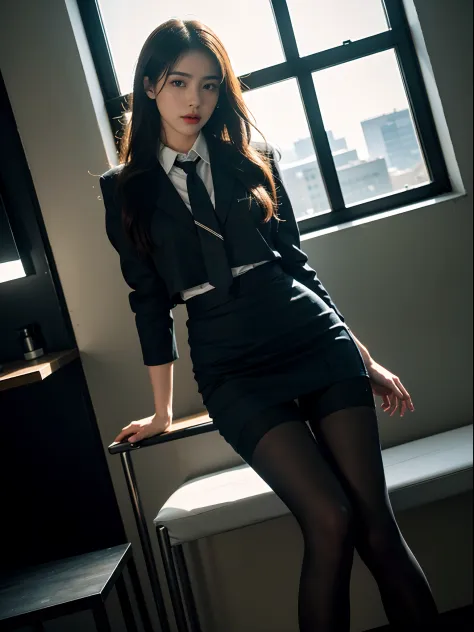 1girl,young girl, shiny skin,medium breasts,nice leg line:1.3, thin waist,school uniform, thighhighs,necktie,((pencil skirt)),looking at viewer,from below,full body, ( pantyhose:1.3),(The golden ratio figure),
masterpiece, best quality, best perspective, ultra-detailed and intricate, extremely delicate and beautiful, best quality light, (ray tracing:1.1), anti-aliasing,
realistic,photorealistic,award-winning illustration,(intricate details:1.2),(delicate detailed) (intricate details),(cinematic light,best quality Backlights),clear line,sharp focus,official art,unity 8k wallpaper,absurdres,incredibly absurdres,huge filesize,ultra-detailed,highres,extremely detailed extremely delicate and beautiful,RAW photo, professional lighting,dynamic lighting,light on the face,depthoffield,solofocus,