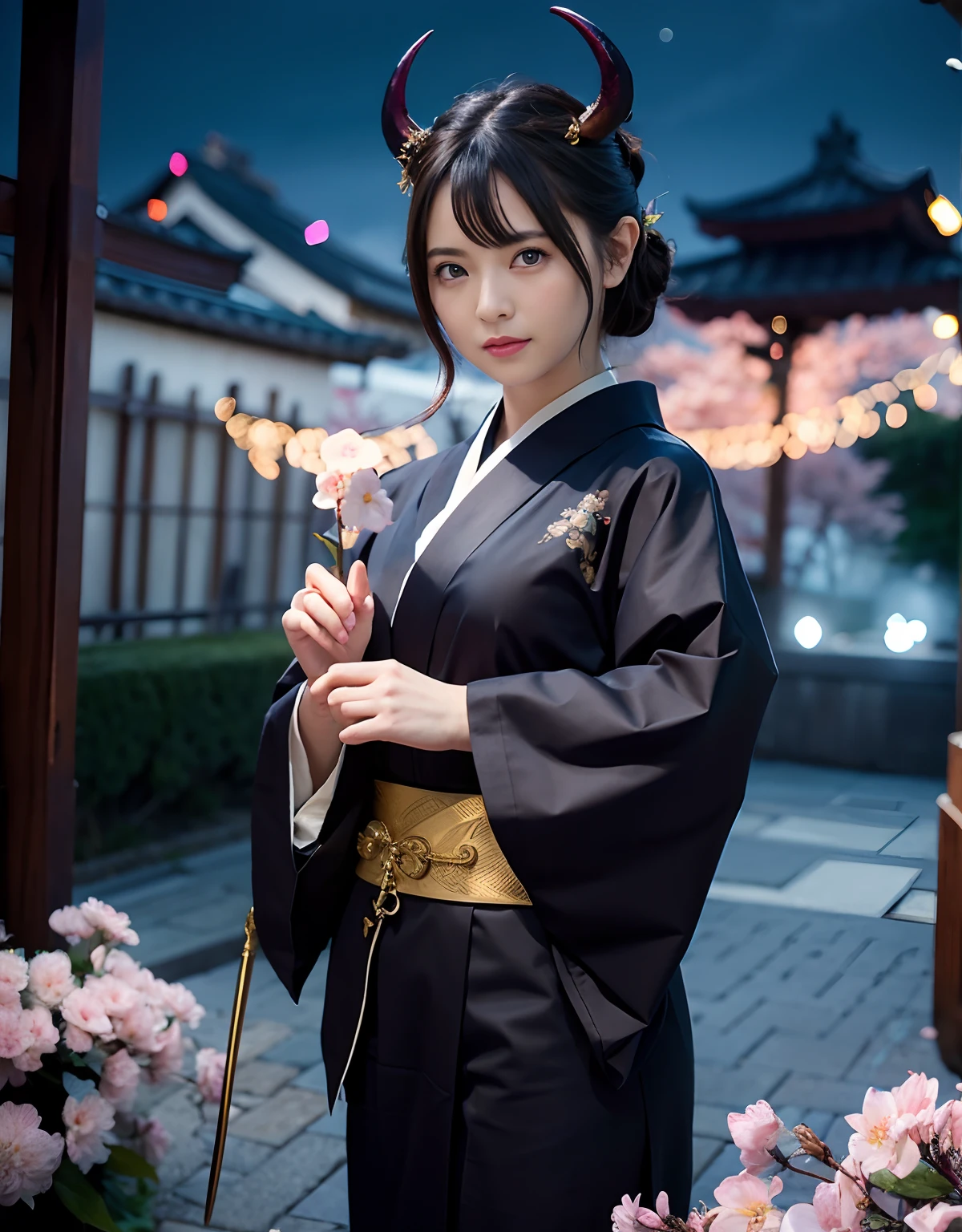 ((World of Darkness)),Professional , ​masterpiece、top-quality、photos realistic , depth of fields 、（sexypose）、(Background of cherry blossoms in full bloom),（Ultimate Beauty）、A dark-haired、（)、（Kimono with beautiful pattern）、（Night background）、（（a dark night））,(Wear a beautiful kimono),（Wear a beautiful kimono with colorful floral patterns）、Jewel Gold Weapon、Particles of light),（Has a devil's mask）、Gorgeous gold weapons ,（（ Gorgeous Dragon Sword）） , （a dark night）,,（maikurobikini） 、（（Black Haired Beautiful Girl））、（Castle background）、（demonic wings）、（（Gangle's forest background））、Beautiful Caucasian beauty、１a person、dynamic ungle,(((Two devil's horns on the head)))、Smaller head、Idle Smile、Thin and beautiful female hands、Mystical expression、Light Effects、intense fighting、Wind-effect、magic circles、With the legendary magic wand、Dragon's tail、