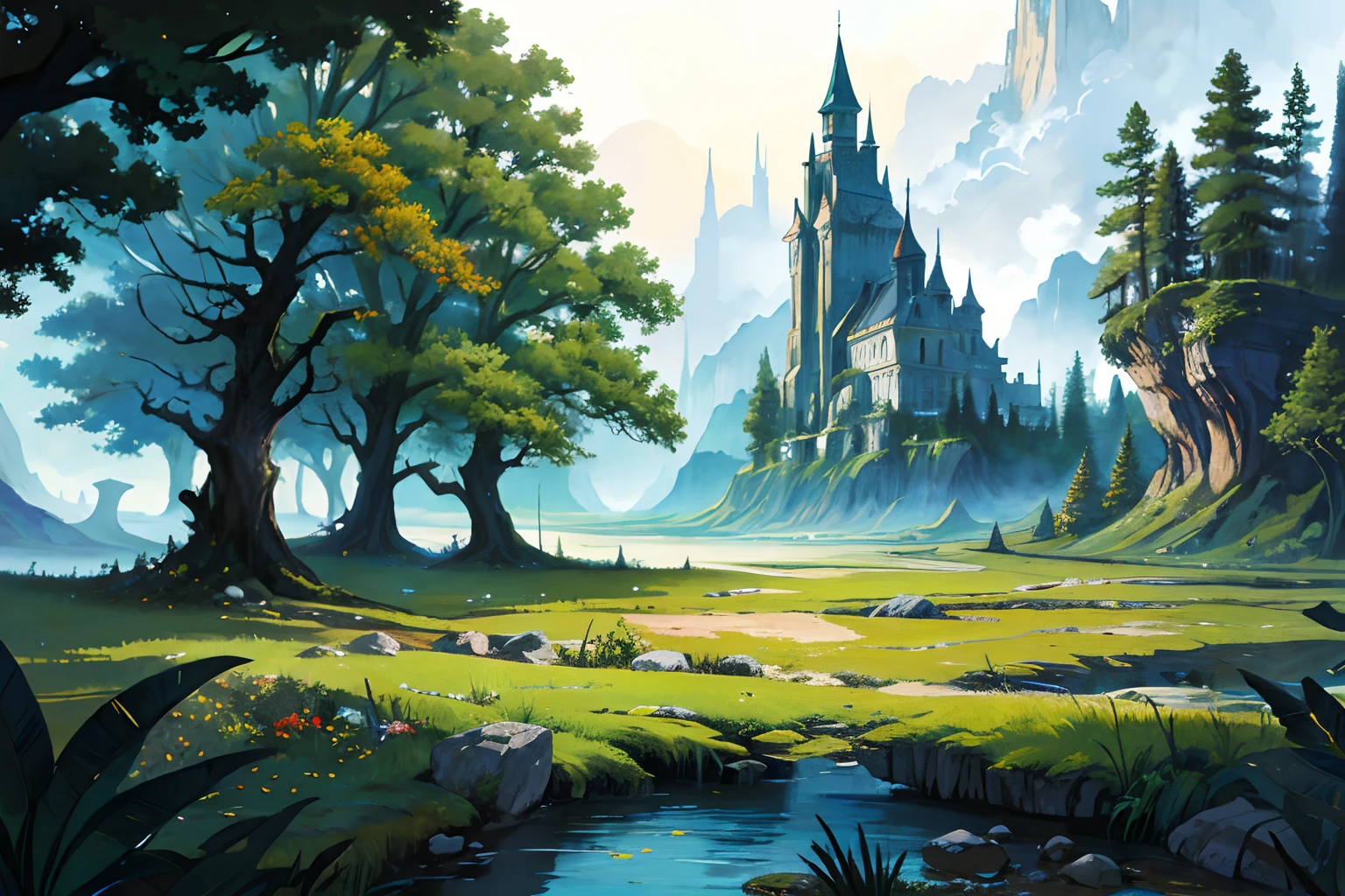 detailed background, high quality, official art, artwork, absurdres, highres, no humans, painting \(medium\), landscape, fantasy, nature, digital painting, panorama, detailed, dark forest, abandoned kingdom, fantastical, magical world