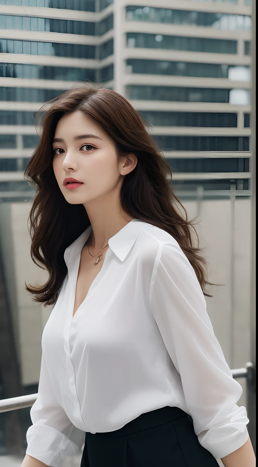 (Best quality, high resolution, masterpiece: 1.3), a tall and beautiful woman, slender abs, dark brown hair in loose wavy shape, breasts, wearing a pendant, white button-down shirt, black tight skirt, (wet clothes: 1.4), real rain, wet hair,.. (modern architecture in the background), beautifully presented details in face and skin texture, detailed eyes, double eyelids