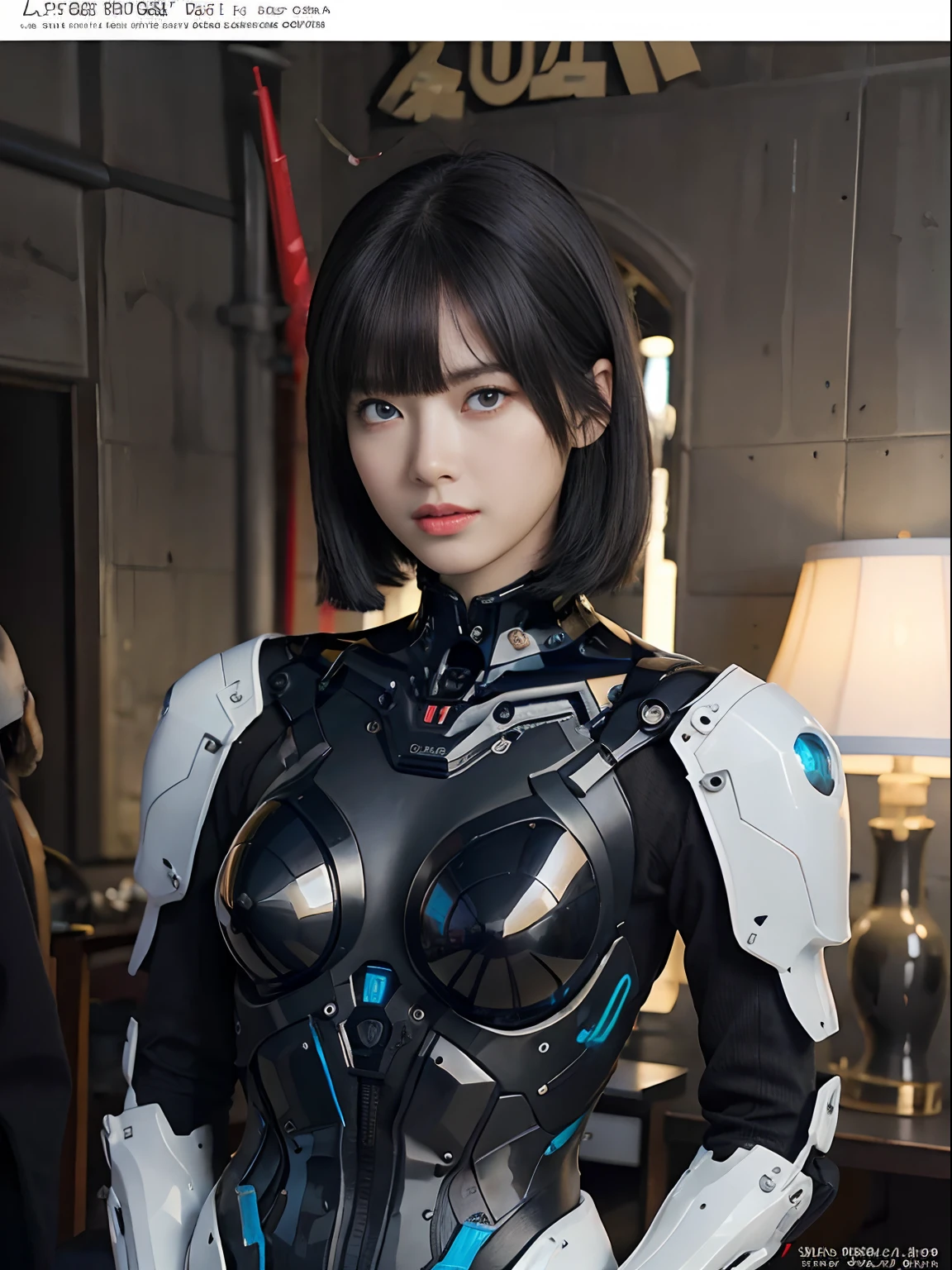 （Fight against mechanical robot soldiers）、top-quality、​masterpiece、超A high resolution、(sexypose),（Wearing a futuristic sun visor）、(Photorealsitic:1.4)、Raw photo、女の子1人、Black hair、glowy skin、((1 Mechanical Girl))、((super realistic details))、portlate、（Small LED lamp）、Wire tubes that glow all over the body、(With state-of-the-art weapons),globalillumination、Shadow、octan render、8K、Armpit、ultrasharp、Colossal tits、Small LED lamp、Raw skin is exposed in cleavage、metals、blood vessels connected to tubes、With weapons、Red bodysuit、Armpit、Cyberpunk city background、Details of complex ornaments、Japan details、highly intricate detail、Realistic light、CGSoation Trends、Blue eyes、radiant eyes、Facing the camera、neon details、（Helmet of the Brave）、Mechanical limbs、blood vessels connected to tubes、Mechanical vertebrae attached to the back、mechanical cervical attaching to neck、Wires and cables connecting to the head、Gundam、Small LED lamp、Toostock、Toostock、Futuristic machine gun、Knives、