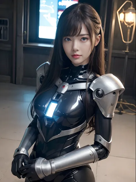 （Fight against mechanical robot soldiers）、top-quality、​masterpiece、超A high resolution、(sexypose),（Wearing a futuristic sun visor）、(Photorealsitic:1.4)、Raw photo、女の子1人、Black hair、glowy skin、((1 Mechanical Girl))、((super realistic details))、portlate、（Small L...