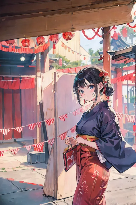 Girl in yukata at festival、natta、Stalls in the background