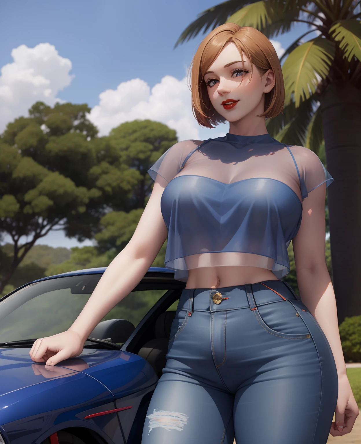 A woman in a sheer top and jeans standing next to a car - SeaArt AI