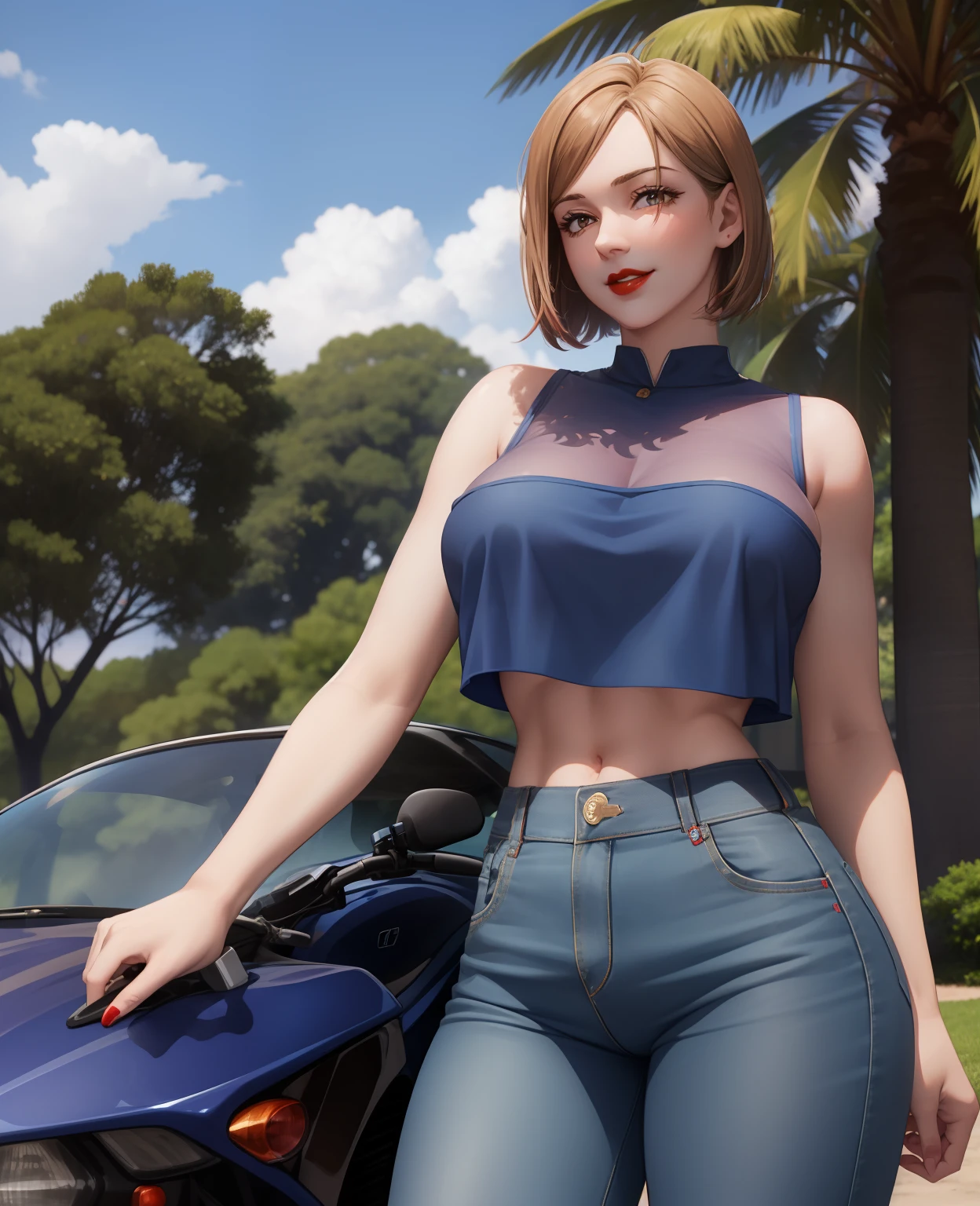 Girl, smile, red lips, big nose, big , short hair, fair skin, sexy body, blue clothes colors, blue pants colors, beautiful girl, in outdoor, sexy pose, eleganr pose, realistic