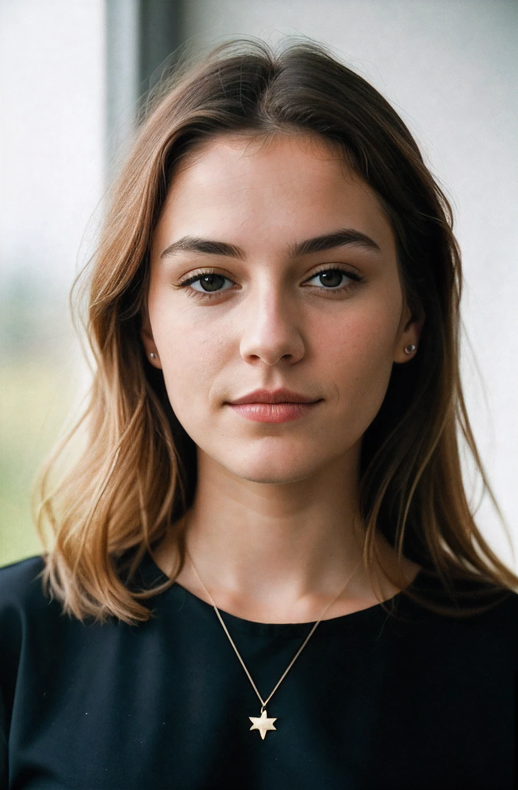 A woman with long hair wearing a black top and a star necklace - SeaArt AI