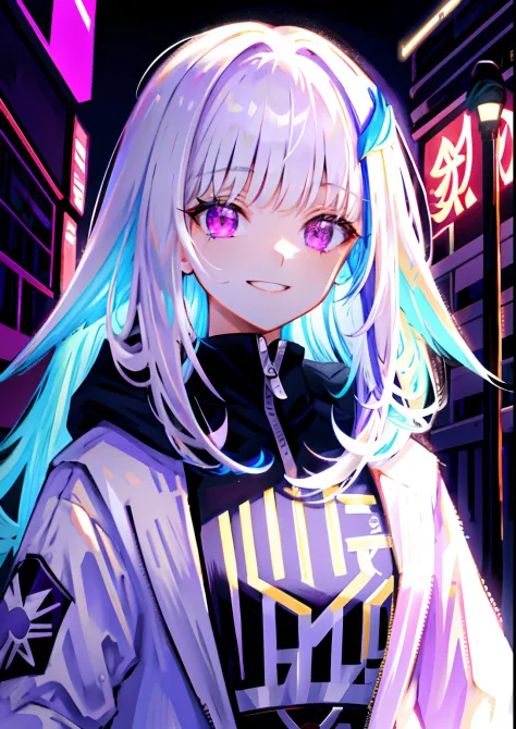 detailed background, masterpiece, best quality, smile, streaked hair, white hair, purple eyes, smile, hoodie, portrait, neon, gr...