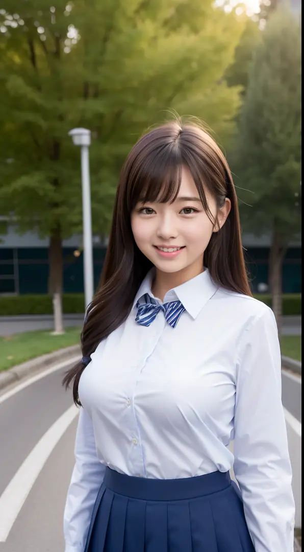 Enhanced dynamic perspective，Cute cute beautiful girl，JK school uniform，Look at me and smile，simple backgound，Works of masters，high quarity，4K resolution，super-fine，Detailed pubic hair，acurate，Cinematic lighting，Leaves the original facial proportions、large...