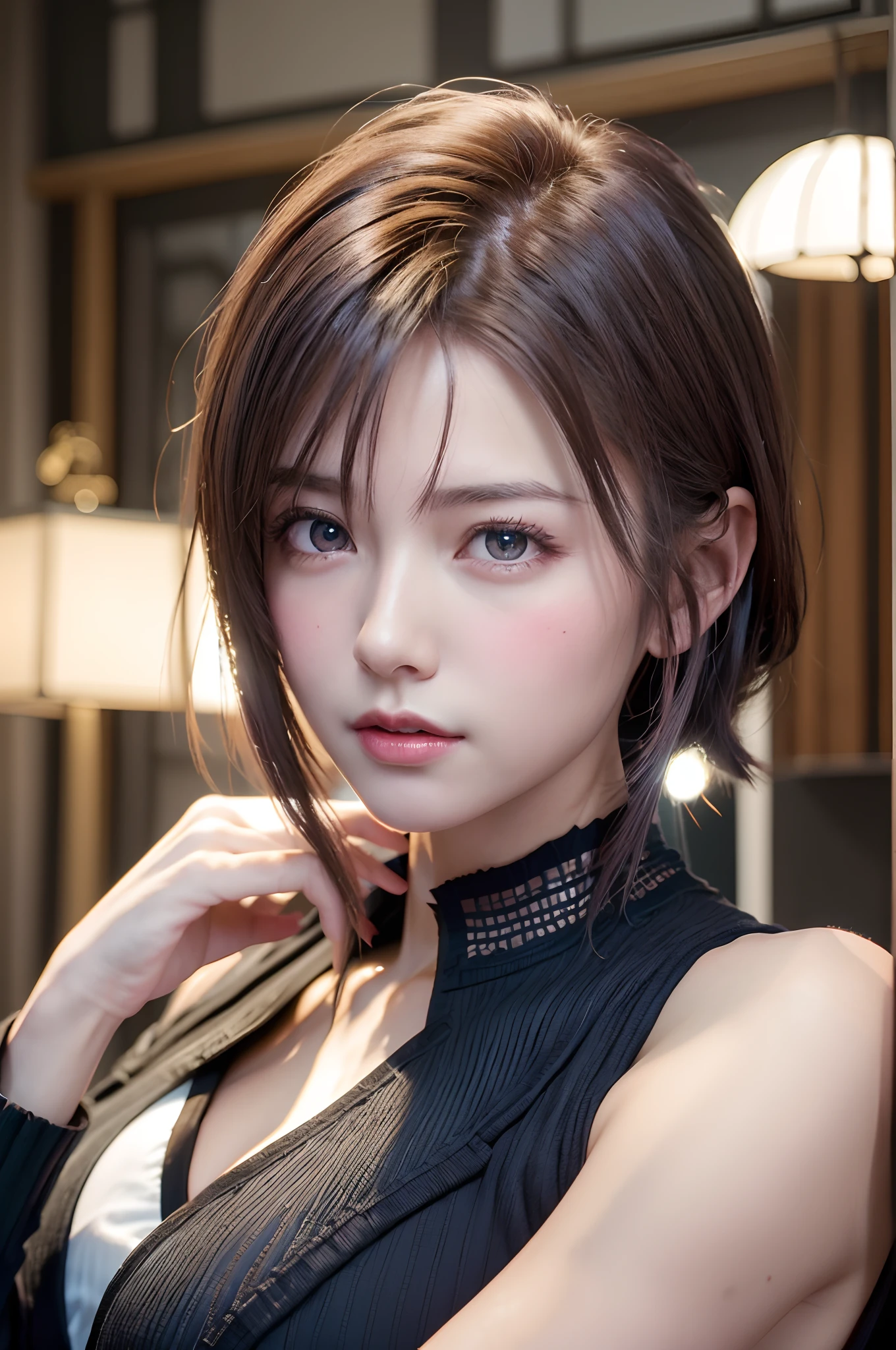 Digital portrait of gorgeous Japan short-haired woman, Beautiful face, Convoluted, Cinematic, Realistic epic, unreal enginee 5, Gorgeous, Incredible color grading, Trending on ArtStation, Photography, cinematic photography, Art Germ and Ross Draw Style