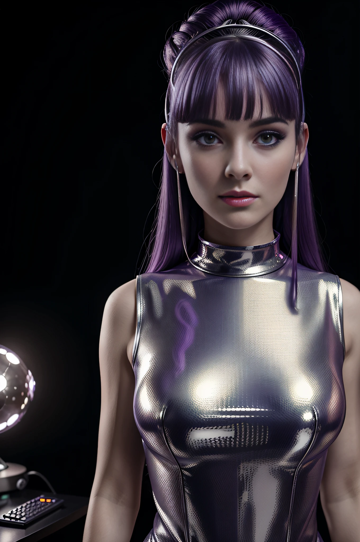 high quality portrait,  RAW photo of young English  woman, Lt Ellis UFO, purple hair bangs, 60s style, retro, silver mesh top, futuristic silver make up, brightly lit moon base command centre background, cumputer boards and communications consoles, natural pale skin texture, interior, cinematic, short depth of field, intricate, elegant, detailed textures, sharp focus, movie scene,  full colors, incredibly detailed, 4k, 8k, erotic,