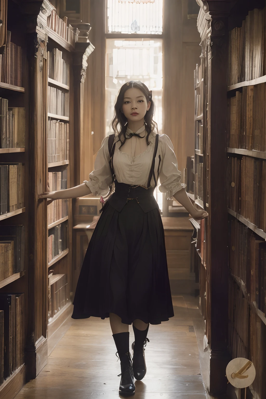 arafed woman in a library with bookshelves and a window, the librarian, wearing 1890s era clothes, in a gloomy library, librarian, dark academia, victorian style costume, mid shot portrait, classical witch, blackpink jennie, standing inside a magic library, dark academia aesthetics, cinematic outfit photo, victorian inspired clothing