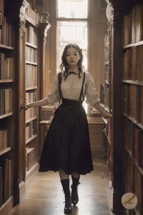 arafed woman in a library with bookshelves and a window, the librarian, wearing 1890s era clothes, in a gloomy library, libraria...