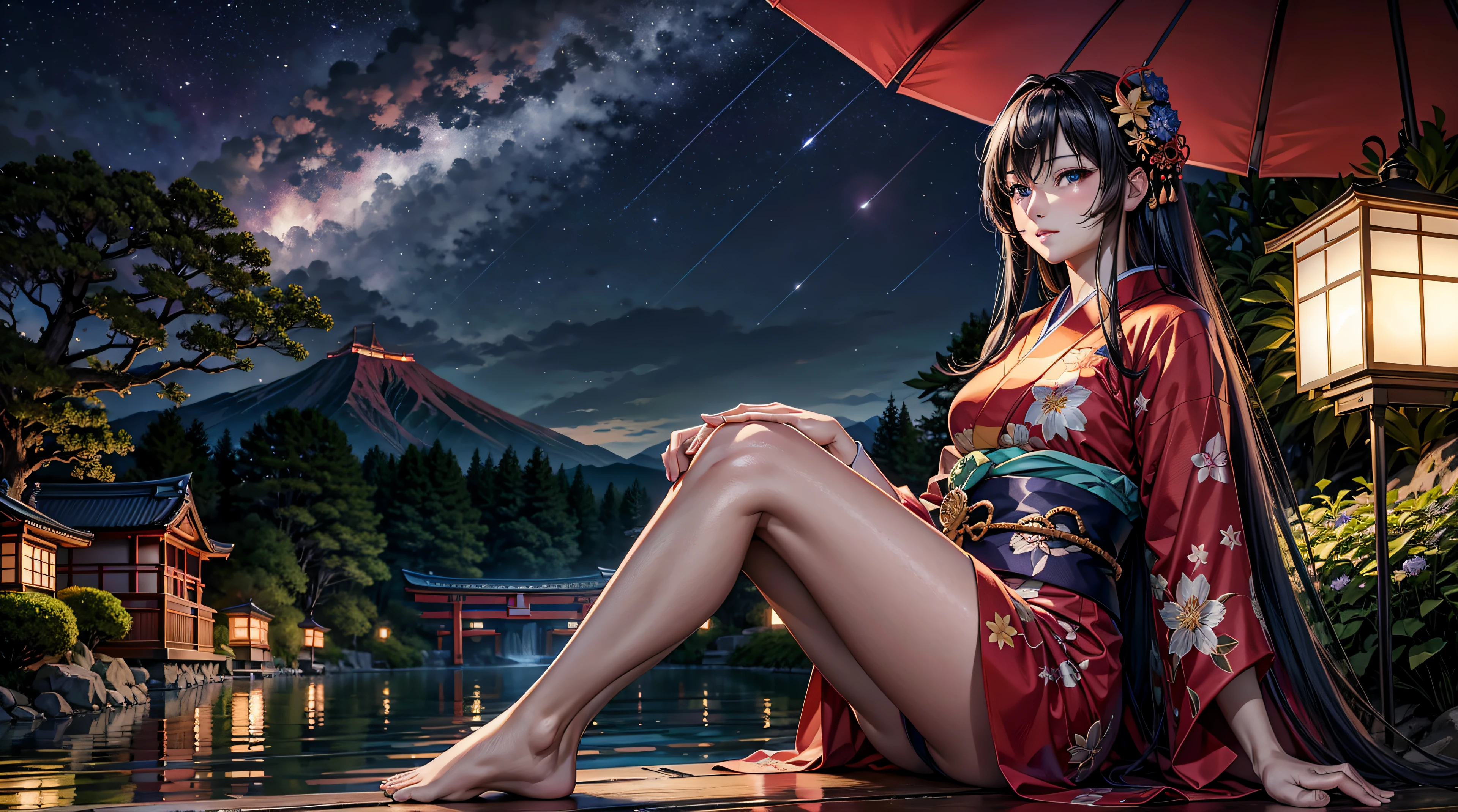 Top Qualität、Meisterwerk、Schön older sister in yukata looking at the night sky with stars shining、Schön face、Sanfter Ausdruck、perfekter Stil、groß、Schön legs、Schön skins、mittlere Brust、verschiedene Frisuren、Japanisches Haar、Der Wind weht、Haare flattern、Geheimnisvoller japanischer Garten bei Nacht mit Wasserseite und Wasserfall、Sterne erhellen den Nachthimmel、starrysky、16k Bildqualität、beste Qualität、Tischplatte, Eine hohe Auflösung, (fotorealistisch:1.4), RAW-Foto)、hochwertige Zeichnungen、Verschiedene Blickwinkel、verschiedene Kompositionen、Eine ultrahohe Bildqualität、Ultra-Qualität、Ultrafeine Zeichnung、ultra-detailliert、Extrem detailliert、Fein detailliert、realistisch、Schön、Höchste Schönheit、dunkel gefärbt、natürliches weiches Licht、fullHD、Ultraempfindliche Bilder、ultra-detaillierte Details、Beste Aufnahmen、Das ganze Bild、verschiedene Kompositionen、Verschiedene Blickwinkel)、