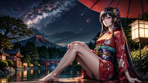 top-quality、​masterpiece、Beautiful older sister in yukata looking at the night sky with stars shining、Beautiful face、Gentle expr...