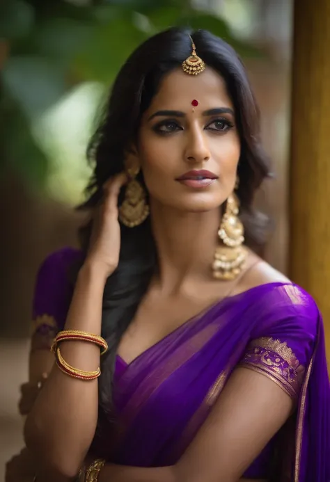 Poonam Pandey, close potrait, wearing purple saree, capative looking ...